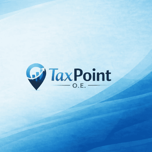 Το επίσημο λογότυπο της TaxPoint Ο.Ε. Λογιστές Α' Τάξης & Σύμβουλοι Επιχειρήσεων, σε επαγγελματικό μπλε φόντο με ψηφιακά patterns.