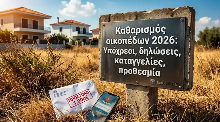 Φωτογραφία ξηρού, ακαθάριστου οικοπέδου στην Ελλάδα με πινακίδα που αναγράφει τον τίτλο 'Καθαρισμός οικοπέδων 2026' και ένα έγγραφο προστίμου κοντά, τονίζοντας τους κινδύνους και τις υποχρεώσεις