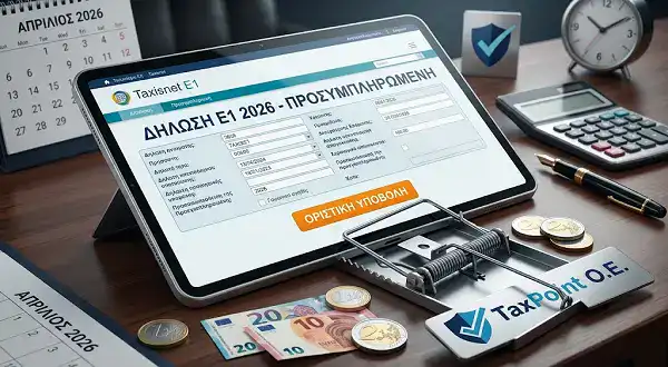 Μεταφορική εικόνα για τις παγίδες των προσυμπληρωμένων φορολογικών δηλώσεων 2026 της ΑΑΔΕ, που δείχνει μια ψηφιακή οθόνη με έτοιμα στοιχεία πάνω από μια μεταλλική παγίδα και νομίσματα ευρώ.