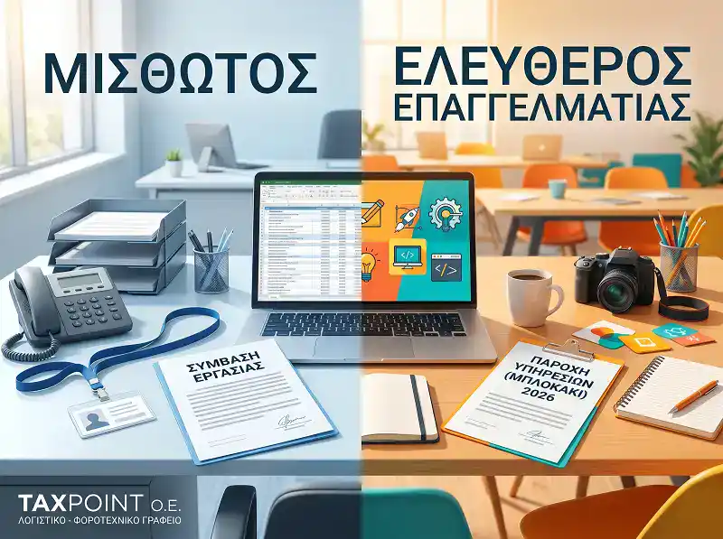 Λογιστής αναλύει τι συμφέρει το 2026: Μπλοκάκι ή μισθωτός, συγκρίνοντας φορολογία και εισφορές ΕΦΚΑ.