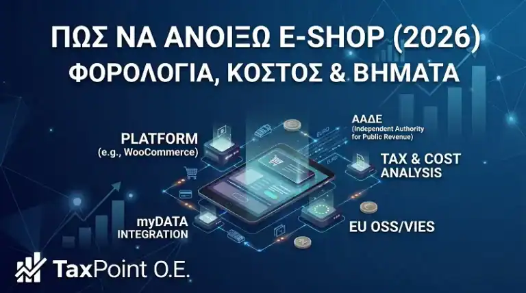 Γραφική απεικόνιση με τα βήματα, το κόστος και τη φορολογία για το πώς να ανοίξω e-shop με ασφάλεια, από το λογιστικό γραφείο TaxPoint.