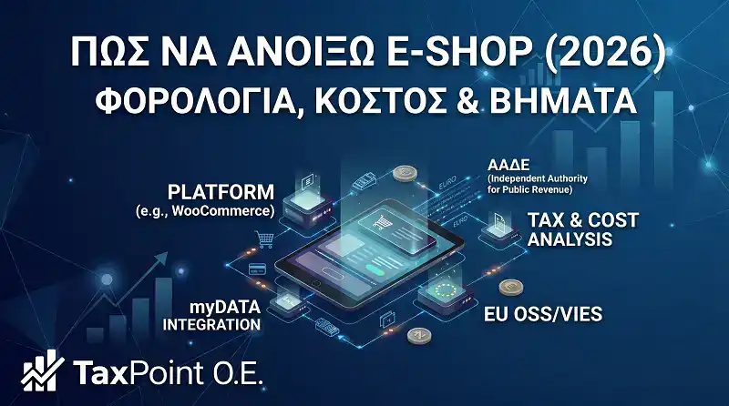 Γραφική απεικόνιση με τα βήματα, το κόστος και τη φορολογία για το πώς να ανοίξω e-shop με ασφάλεια, από το λογιστικό γραφείο TaxPoint.