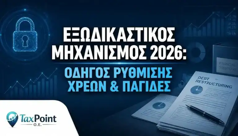 Επαγγελματική εικόνα της TaxPoint για τον εξωδικαστικό μηχανισμό 2026 με έγγραφα ρυθμίσεων οφειλών και ψηφιακά γραφήματα.