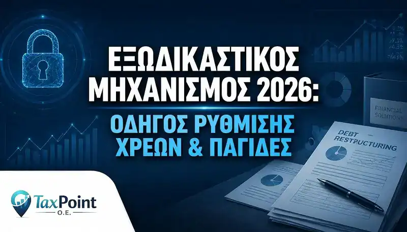 Επαγγελματική εικόνα της TaxPoint για τον εξωδικαστικός μηχανισμός 2026 με έγγραφα ρυθμίσεων οφειλών και ψηφιακά γραφήματα.