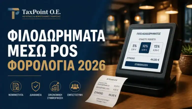 Οδηγός της TaxPoint O.E. για τα φιλοδωρήματα μέσω pos φορολογία 2026 στην εστίαση και τον τουρισμό.