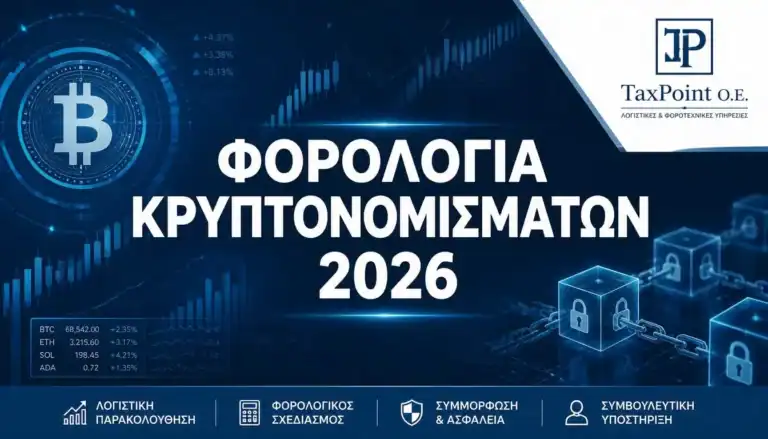 Οδηγός για τη φορολογία κρυπτονομισμάτων 2026 από την TaxPoint O.E. σχετικά με την υπεραξία και το πόθεν έσχες.