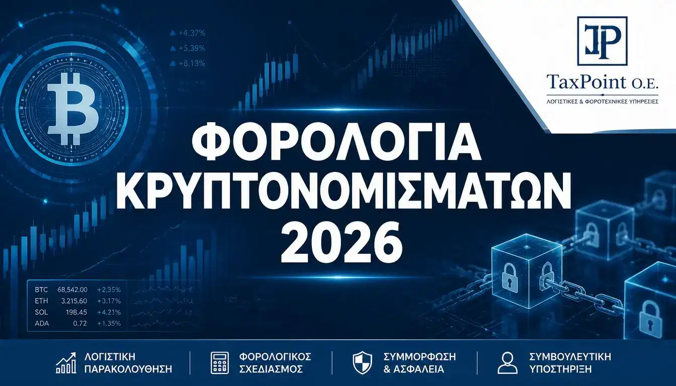 Οδηγός για τη φορολογία κρυπτονομισμάτων 2026 από την TaxPoint O.E. σχετικά με την υπεραξία και το πόθεν έσχες.