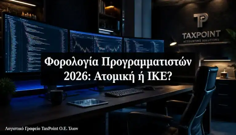 Ένα σύγχρονο γραφείο προγραμματιστή με οθόνες και τον τίτλο Φορολογία Προγραμματιστών 2026 Ατομική ή ΙΚΕ, με την υπογραφή του Λογιστικού Γραφείου TaxPoint Ο.Ε. Ίλιον.