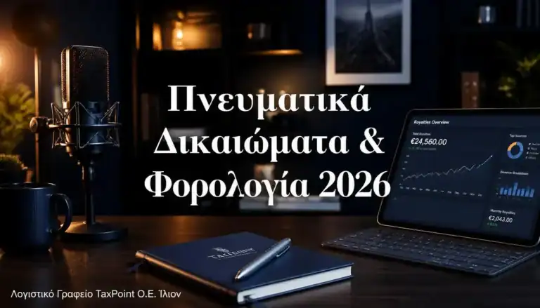 Φορολογία πνευματικών δικαιωμάτων 2026, οδηγός για royalties συγγραφέων και creators από το Λογιστικό Γραφείο TaxPoint Ο.Ε. Ίλιον.