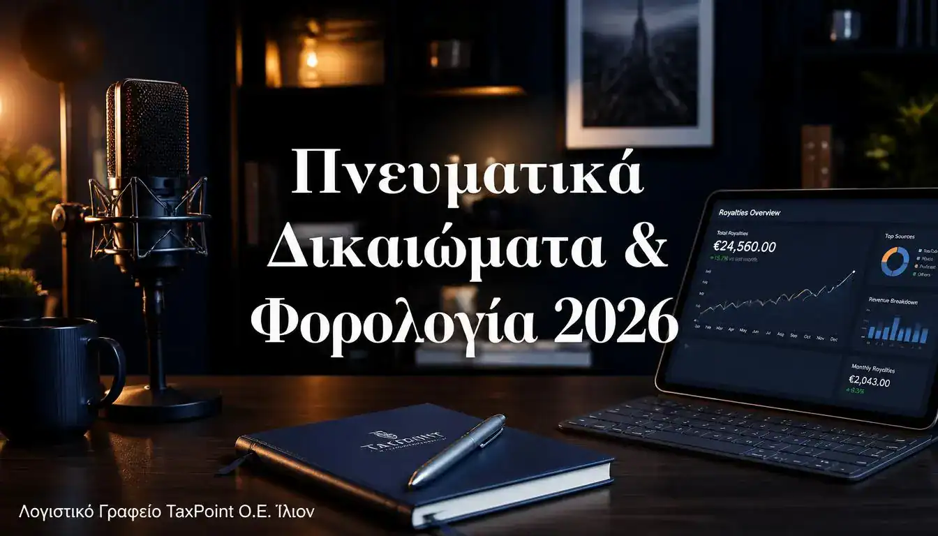 Φορολογία πνευματικών δικαιωμάτων 2026, οδηγός για royalties συγγραφέων και creators από το Λογιστικό Γραφείο TaxPoint Ο.Ε. Ίλιον.