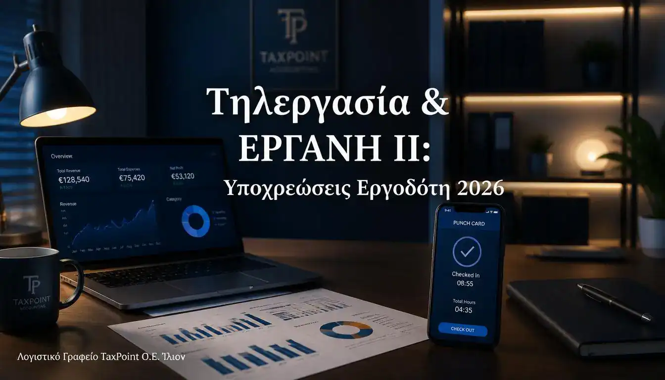 Ένα laptop και ένα smartphone με εφαρμογή ψηφιακής κάρτας εργασίας, συμβολίζοντας την Τηλεργασία ΕΡΓΑΝΗ ΙΙ 2026. Λογιστικό Γραφείο TaxPoint Ο.Ε. Ίλιον.