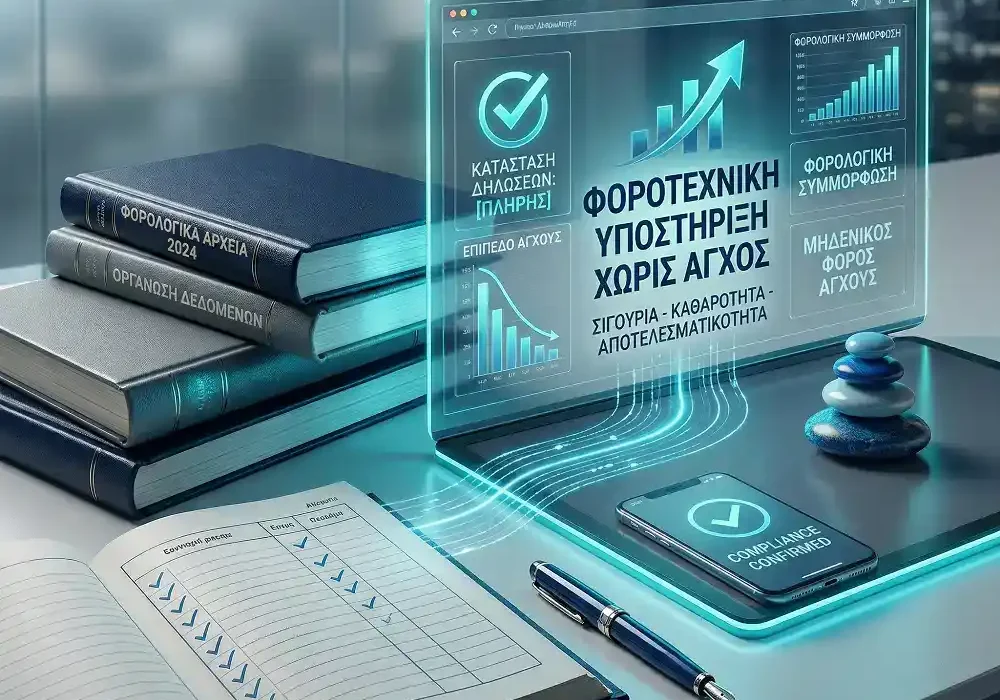 Έμπειρη φοροτεχνική υποστήριξη που απαλλάσσει τον επιχειρηματία από το άγχος της γραφειοκρατίας και των προστίμων.